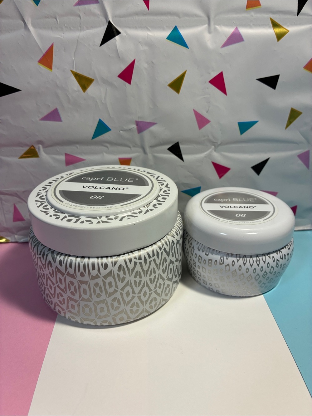 Capri Blue Volcano Candle Set - White & Silver Decorative Tins